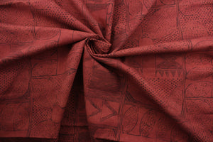  Robert Allen© Cassava in Cinnabar is a stylish multi-purpose fabric featuring a unique geometrical print in reddish-brown hues.  It has been engineered with a soil and stain repellant finish and is highly durable, with a fabric rating of 100,000 double rubs.  It can be used for several different statement projects including window accents (drapery, curtains and swags), toss pillows, headboards, bed skirts, duvet covers, upholstery, and more.