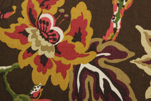 Load image into Gallery viewer,  The Robert Allen© Cavendish in Chocolate is a beautifully designed multipurpose fabric with a warm brown backdrop. The fabric features floral branches, birds, butterflies, and caterpillars in vibrant colors such as red, green, dark gold, plum purple, tan, and beige. It can be used for several different statement projects including window accents (drapery, curtains and swags), toss pillows, bedding, pillows, and light upholstery.
