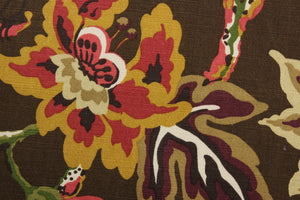  The Robert Allen© Cavendish in Chocolate is a beautifully designed multipurpose fabric with a warm brown backdrop. The fabric features floral branches, birds, butterflies, and caterpillars in vibrant colors such as red, green, dark gold, plum purple, tan, and beige. It can be used for several different statement projects including window accents (drapery, curtains and swags), toss pillows, bedding, pillows, and light upholstery.