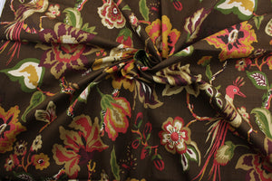  The Robert Allen© Cavendish in Chocolate is a beautifully designed multipurpose fabric with a warm brown backdrop. The fabric features floral branches, birds, butterflies, and caterpillars in vibrant colors such as red, green, dark gold, plum purple, tan, and beige. It can be used for several different statement projects including window accents (drapery, curtains and swags), toss pillows, bedding, pillows, and light upholstery.
