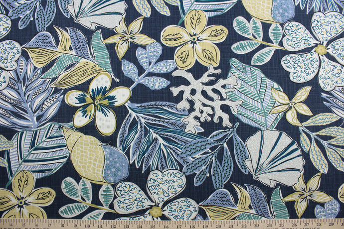 This multi-purpose fabric showcases elements of floral, tropical, and nautical themes in striking shades of blue, green, white, and neutral. The perfect choice for adding a sophisticated twist to any décor. This fabric is also designed for durability, boasting 65,000 double rubs and a soil and stain repellant finish.  It can be used for several different statement projects including window accents (drapery, curtains and swags), toss pillows, headboards, bed skirts, duvet covers, upholstery, and more.