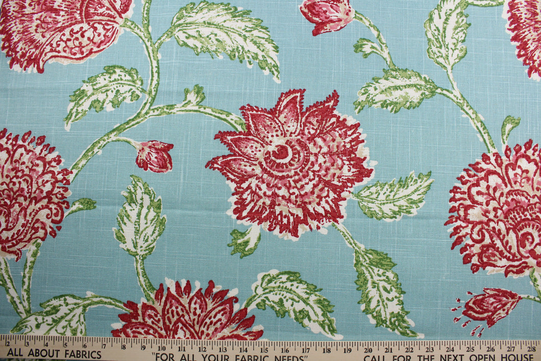  The Robert Allen© Agathe in Aqua fabric is a stylish linen blend with a large floral vine motif in red, green, off white and light beige with an aqua background. This versatile fabric is soil and stain resistant, perfect for any home décor project.  It can be used for several different statement projects including window accents (drapery, curtains and swags), toss pillows, bedding, pillows, and upholstery.