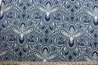 Robert Allen© Damod in Indigo is an outdoor fabric. Its floral print in indigo blue and ivory adds a modern touch, while its water, soil and stain repellant composition ensures long lasting quality and a lasting vibrant look. Perfect for patio, deck and poolside.  It can be used for several different statement projects including cushions, upholstery projects and decorative pillows. 