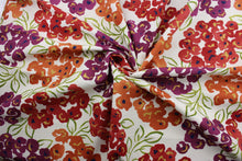 Load image into Gallery viewer, The Robert Allen© Luxury Floral in Poppy is a multi-purpose fabric with a bright and colorful large floral print.  Featuring orange, red, green, and purple colors, this fabric is set on a crisp white background, making it perfect for any space.  It can be used for several different statement projects including window accents (drapery, curtains and swags), toss pillows, headboards, bed skirts, duvet covers and upholstery. 
