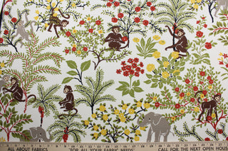 This Robert Allen© Niklas fabric showcases a fun print of monkeys, elephants, trees, and flowers. The vibrant colors of rust, terra cotta, green, yellow, grey, and brown pop against the white background. The fabric is finished with a soil and stain repellant that makes it easy to maintain. It can be used for several different statement projects including window accents (drapery, curtains and swags), toss pillows, headboards, bed skirts, duvet covers and upholstery. 