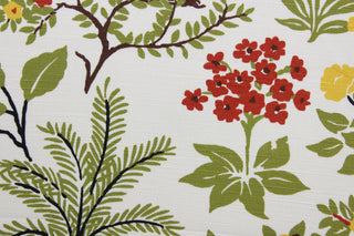 This Robert Allen© Niklas fabric showcases a fun print of monkeys, elephants, trees, and flowers. The vibrant colors of rust, terra cotta, green, yellow, grey, and brown pop against the white background. The fabric is finished with a soil and stain repellant that makes it easy to maintain. It can be used for several different statement projects including window accents (drapery, curtains and swags), toss pillows, headboards, bed skirts, duvet covers and upholstery. 