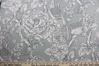  The Robert Allen© Tweedbank in Grey is perfect for any space - its multipurpose design makes it highly versatile.  This printed fabric features flowering branches and peacocks in shades of grey and white.  Plus, its soil and stain repellant finish makes it easy to maintain.  It can be used for several different statement projects including window accents (drapery, curtains and swags), toss pillows, headboards, bed skirts, duvet covers, upholstery, and more.