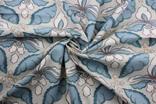 Load image into Gallery viewer,  a large floral print with soft colors of plum, blue, white and yellow, this multipurpose fabric features a light taupe background for lasting appeal. Certified with 30,000 double rubs and treated with a soil and stain repellant finish, this fabric is perfect for bringing your interior design ideas to life.  It can be used for several different statement projects including window accents (drapery, curtains and swags), toss pillows, headboards, bed skirts, duvet covers, upholstery, and more.
