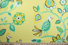 Load image into Gallery viewer, The Robert Allen© Meriweather in Canary fabric is perfect for any home project.  Featuring a transitional Jacobean floral and bird print, the lively yellow, green, brown and white colors are sure to brighten any space.  It can be used for several different statement projects including window accents (drapery, curtains and swags), toss pillows, bedding, pillows, and light upholstery.
