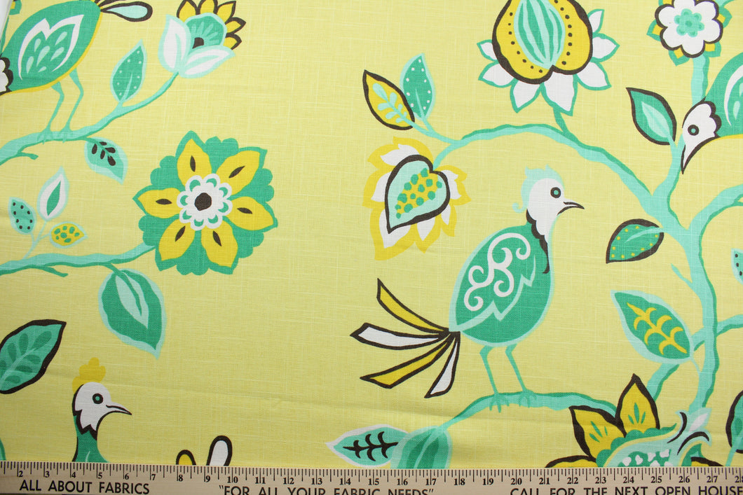 The Robert Allen© Meriweather in Canary fabric is perfect for any home project.  Featuring a transitional Jacobean floral and bird print, the lively yellow, green, brown and white colors are sure to brighten any space.  It can be used for several different statement projects including window accents (drapery, curtains and swags), toss pillows, bedding, pillows, and light upholstery.