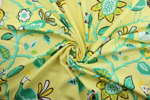 Load image into Gallery viewer, The Robert Allen© Meriweather in Canary fabric is perfect for any home project.  Featuring a transitional Jacobean floral and bird print, the lively yellow, green, brown and white colors are sure to brighten any space.  It can be used for several different statement projects including window accents (drapery, curtains and swags), toss pillows, bedding, pillows, and light upholstery.
