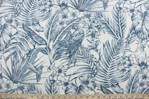  Enjoy outdoor décor with Richloom Solarium© Wilshire in Indigo.  The fabric features a tranquil, tropical scene of foliage and birds perched on branches in vivid indigo and white tones.  This fabric is U/V fade and water/stain resistant.  Perfect for porches, patios and pool side.  Uses include toss pillows, cushions, upholstery, tote bags and more. 