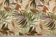 Load image into Gallery viewer, This Solarium outdoor decorative print features a large tropical leaf design in nutmeg, green, brown, and tan on a beige background.  This versatile, long-lasting fabric can withstand up to 500 hours of sunlight, water and stain resistant and has 10,000 double rubs.  It is perfect for lounge cushions, pool furniture, tablecloths, decorative pillows and upholstery projects.  This fabric has a slightly stiff feel but is easy to work with.  
