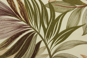 This Solarium outdoor decorative print features a large tropical leaf design in nutmeg, green, brown, and tan on a beige background.  This versatile, long-lasting fabric can withstand up to 500 hours of sunlight, water and stain resistant and has 10,000 double rubs.  It is perfect for lounge cushions, pool furniture, tablecloths, decorative pillows and upholstery projects.  This fabric has a slightly stiff feel but is easy to work with.  