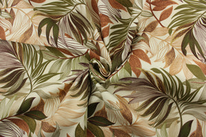 This Solarium outdoor decorative print features a large tropical leaf design in nutmeg, green, brown, and tan on a beige background.  This versatile, long-lasting fabric can withstand up to 500 hours of sunlight, water and stain resistant and has 10,000 double rubs.  It is perfect for lounge cushions, pool furniture, tablecloths, decorative pillows and upholstery projects.  This fabric has a slightly stiff feel but is easy to work with.  