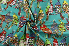 Load image into Gallery viewer, Richloom© Sitting Pretty in Opal is a vibrant and eye-catching fabric. It features a variety of colorful birds perched on an opal background with colors ranging from red, yellow, green, blue, orange and gray.  This fabric is U/V fade and water/stain resistant.  Perfect for porches, patios and pool side.  Uses include toss pillows, cushions, upholstery, tote bags and more. 
