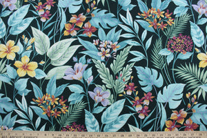 The Richloom Solarium© Cavena in Teal fabric combines a tropical floral print in green, teal, yellow, light purple, and dark magenta on a black background, resulting in a versatile fabric that's perfect for any project.  Its vibrant colors will bring a bold aesthetic to any space.  This fabric is U/V fade and water/stain resistant.  Perfect for porches, patios and pool side.  Uses include toss pillows, cushions, upholstery, tote bags and more. 