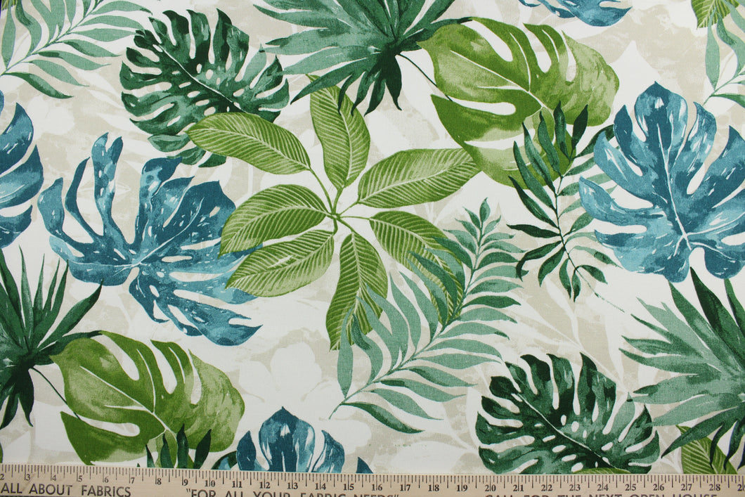  The Richloom Solarium© Piermont in Palm print contains bold, tropical palm leaves in shades of blue, green, and beige, making it ideal for outdoor multipurpose use.  It has been tested to resist 500 hours of exposure to sunlight.  The fabric is also water and stain resistant.  Perfect for porches, patios and pool side.  Uses include toss pillows, cushions, upholstery, tote bags and more. 