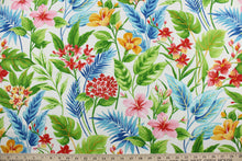 Load image into Gallery viewer, The Richloom Solarium© Cavena in Multi fabric combines a bright, tropical floral print in red, pink, blue, green, and yellow on a white background, resulting in a versatile fabric that&#39;s perfect for any project.  Its vibrant colors will bring a bold aesthetic to any space.  This fabric is U/V fade and water/stain resistant.  Perfect for porches, patios and pool side.  Uses include toss pillows, cushions, upholstery, tote bags and more. 
