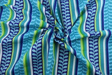 Load image into Gallery viewer, The Richloom Solarium© Pike in Azure features multi-colored stripes, in shades of blue and green, and white.  A tasteful mix of contemporary and traditional style. This fabric is U/V fade and water/stain resistant.  Perfect for porches, patios and pool side.  Uses include toss pillows, cushions, upholstery, tote bags and more. 
