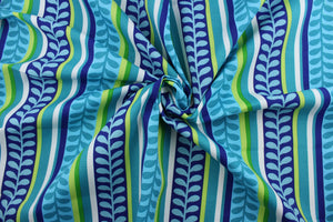 The Richloom Solarium© Pike in Azure features multi-colored stripes, in shades of blue and green, and white.  A tasteful mix of contemporary and traditional style. This fabric is U/V fade and water/stain resistant.  Perfect for porches, patios and pool side.  Uses include toss pillows, cushions, upholstery, tote bags and more. 