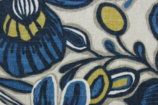 The large-scale floral print features shades of black, gray, gold, indigo, and cream on a natural background. The durable fabric has a 30,000 double rub rating and is soil and stain resistant, making it a practical and fashionable choice.  It can be used for several different statement projects including window accents (drapery, curtains and swags), toss pillows, headboards, bed skirts, duvet covers, upholstery, and more.