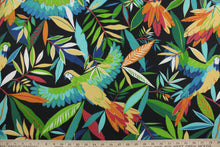 Load image into Gallery viewer,  Richloom Solarium© Tucuman in Ebony features a bold tropical foliage and bird motif against a contemporary black background, making it an ideal fabric for multi-purpose outdoor décor. The pattern is highlighted in vibrant colors of red, orange, yellow, green, white, aqua, teal, and blue. This fabric is U/V fade and water/stain resistant.  Perfect for porches, patios and pool side.  Uses include toss pillows, cushions, upholstery, tote bags and more. 
