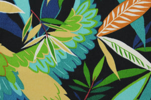  Richloom Solarium© Tucuman in Ebony features a bold tropical foliage and bird motif against a contemporary black background, making it an ideal fabric for multi-purpose outdoor décor. The pattern is highlighted in vibrant colors of red, orange, yellow, green, white, aqua, teal, and blue. This fabric is U/V fade and water/stain resistant.  Perfect for porches, patios and pool side.  Uses include toss pillows, cushions, upholstery, tote bags and more. 