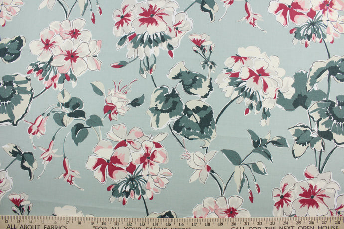 This Robert Allen© Mirador Morn in Celadon fabric is both stylish and strong. Its versatile multi-purpose design features a large floral print in soft shades of green, red, pink, white, and light beige.  It's also incredibly durable with a rating of 30,000 double rubs.  It can be used for several different statement projects including window accents (drapery, curtains and swags), toss pillows, headboards, bed skirts, duvet covers and upholstery. 