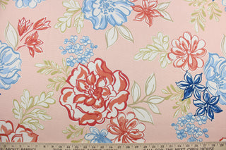 The Robert Allen© Lizzie in Blush is the perfect choice for a multi-purpose fabric. It has a cotton blend and features a bold yet beautiful large floral print. This fabric comes in a range of colors including red, blue, dark gold, white, and set against the blush pink background. It can be used for several different statement projects including window accents (drapery, curtains and swags), toss pillows, headboards, bed skirts, duvet covers and upholstery. 