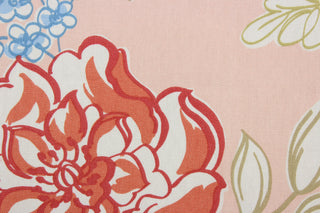 The Robert Allen© Lizzie in Blush is the perfect choice for a multi-purpose fabric. It has a cotton blend and features a bold yet beautiful large floral print. This fabric comes in a range of colors including red, blue, dark gold, white, and set against the blush pink background. It can be used for several different statement projects including window accents (drapery, curtains and swags), toss pillows, headboards, bed skirts, duvet covers and upholstery. 