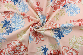 The Robert Allen© Lizzie in Blush is the perfect choice for a multi-purpose fabric. It has a cotton blend and features a bold yet beautiful large floral print. This fabric comes in a range of colors including red, blue, dark gold, white, and set against the blush pink background. It can be used for several different statement projects including window accents (drapery, curtains and swags), toss pillows, headboards, bed skirts, duvet covers and upholstery. 