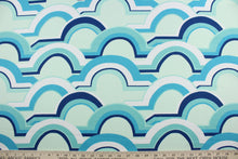 Load image into Gallery viewer, The Robert Allen© Eden Roo in Aqua is crafted with a geometric print, highlighted with beautiful colors including aqua, light mint green, white, and navy blue. Practical and stylish, it also has a soil and stain repellant finish to keep it looking vibrant.  It can be used for several different statement projects including window accents (drapery, curtains and swags), toss pillows, headboards, bed skirts, duvet covers and upholstery. 
