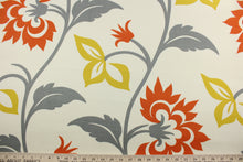Load image into Gallery viewer,  The Robert Allen© Macau in Adobe is a stylish outdoor fabric featuring a large floral print in vivid orange, gold, grey, and beige hues. Its fade-resistant technology makes it an ideal choice for enjoying beautiful outdoor spaces season after season. This fabric is water and stain resistant.  Perfect for porches, patios and pool side.  Uses include toss pillows, cushions, upholstery, tote bags and more. 
