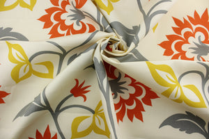  The Robert Allen© Macau in Adobe is a stylish outdoor fabric featuring a large floral print in vivid orange, gold, grey, and beige hues. Its fade-resistant technology makes it an ideal choice for enjoying beautiful outdoor spaces season after season. This fabric is water and stain resistant.  Perfect for porches, patios and pool side.  Uses include toss pillows, cushions, upholstery, tote bags and more. 