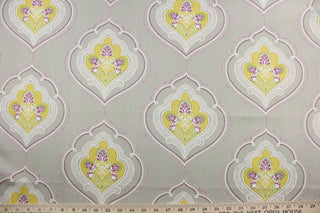 Robert Allen© Diamond in Yellow is the perfect choice for adding a splash of color to any project.  This unique medallion pattern features bright yellow accents, set against a gray background, that can be complemented with additional colors of white, green, and purple.  It can be used for several different statement projects including window accents (drapery, curtains and swags), toss pillows, headboards, bed skirts, duvet covers and upholstery. 