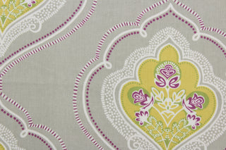 Robert Allen© Diamond in Yellow is the perfect choice for adding a splash of color to any project.  This unique medallion pattern features bright yellow accents, set against a gray background, that can be complemented with additional colors of white, green, and purple.  It can be used for several different statement projects including window accents (drapery, curtains and swags), toss pillows, headboards, bed skirts, duvet covers and upholstery. 