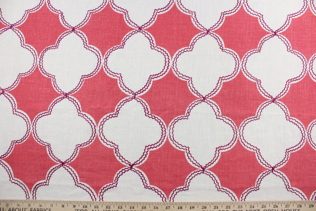 This Robert Allen© Simza in Peony fabric is perfect for an array of multipurpose projects. The linen material is adorned with a quatrefoil pattern in peony and white, accented with striking dark magenta embroidery for a subtle but stunning effect.  Uses include drapery, pillows, light upholstery, table runners, bedding, headboards, apparel, and home décor.