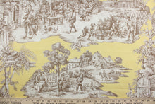 Load image into Gallery viewer, This multipurpose Robert Allen© Pastoral Scene in Yellow fabric features traditional toile details, dancing couples, seated lovers and animals in three vignettes that are shown in brown and cream against a yellow background.  It has a soil and stain repellant finish and 15,000 double rubs.  It can be used for several different statement projects including window accents (drapery, curtains and swags), toss pillows, headboards, bed skirts, duvet covers and upholstery. 

