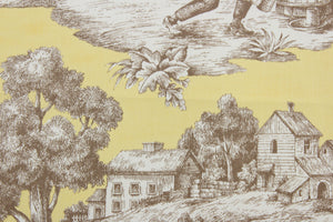 This multipurpose Robert Allen© Pastoral Scene in Yellow fabric features traditional toile details, dancing couples, seated lovers and animals in three vignettes that are shown in brown and cream against a yellow background.  It has a soil and stain repellant finish and 15,000 double rubs.  It can be used for several different statement projects including window accents (drapery, curtains and swags), toss pillows, headboards, bed skirts, duvet covers and upholstery. 