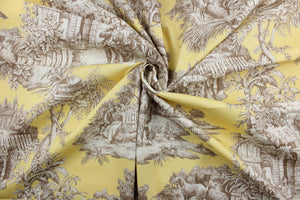This multipurpose Robert Allen© Pastoral Scene in Yellow fabric features traditional toile details, dancing couples, seated lovers and animals in three vignettes that are shown in brown and cream against a yellow background.  It has a soil and stain repellant finish and 15,000 double rubs.  It can be used for several different statement projects including window accents (drapery, curtains and swags), toss pillows, headboards, bed skirts, duvet covers and upholstery. 