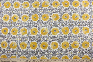 This Robert Allen© Riya in Yellow multipurpose fabric is the perfect choice for your next project. Made of a linen blend, it features an ornamental design in yellow, gray, and white.  Its soil and stain resistance provide an easy-care fabric that looks great for years to come.  It can be used for several different statement projects including window accents (drapery, curtains and swags), toss pillows, headboards, bed skirts, duvet covers, upholstery, and more.