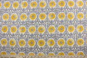 This Robert Allen© Riya in Yellow multipurpose fabric is the perfect choice for your next project. Made of a linen blend, it features an ornamental design in yellow, gray, and white.  Its soil and stain resistance provide an easy-care fabric that looks great for years to come.  It can be used for several different statement projects including window accents (drapery, curtains and swags), toss pillows, headboards, bed skirts, duvet covers, upholstery, and more.
