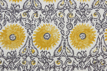 Load image into Gallery viewer, This Robert Allen© Riya in Yellow multipurpose fabric is the perfect choice for your next project. Made of a linen blend, it features an ornamental design in yellow, gray, and white.  Its soil and stain resistance provide an easy-care fabric that looks great for years to come.  It can be used for several different statement projects including window accents (drapery, curtains and swags), toss pillows, headboards, bed skirts, duvet covers, upholstery, and more.
