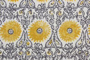 This Robert Allen© Riya in Yellow multipurpose fabric is the perfect choice for your next project. Made of a linen blend, it features an ornamental design in yellow, gray, and white.  Its soil and stain resistance provide an easy-care fabric that looks great for years to come.  It can be used for several different statement projects including window accents (drapery, curtains and swags), toss pillows, headboards, bed skirts, duvet covers, upholstery, and more.