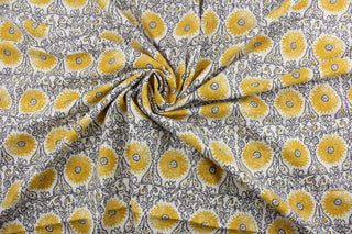 This Robert Allen© Riya in Yellow multipurpose fabric is the perfect choice for your next project. Made of a linen blend, it features an ornamental design in yellow, gray, and white.  Its soil and stain resistance provide an easy-care fabric that looks great for years to come.  It can be used for several different statement projects including window accents (drapery, curtains and swags), toss pillows, headboards, bed skirts, duvet covers, upholstery, and more.