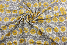 Load image into Gallery viewer, This Robert Allen© Riya in Yellow multipurpose fabric is the perfect choice for your next project. Made of a linen blend, it features an ornamental design in yellow, gray, and white.  Its soil and stain resistance provide an easy-care fabric that looks great for years to come.  It can be used for several different statement projects including window accents (drapery, curtains and swags), toss pillows, headboards, bed skirts, duvet covers, upholstery, and more.
