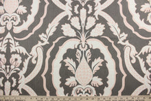 Load image into Gallery viewer,  The Robert Allen© Kathryn in Putty fabric is perfect for multipurpose projects. Constructed of a cotton blend, this damask print fabric features a pink, off white, and putty color palette.  It can be used for several different statement projects including window accents (drapery, curtains and swags), toss pillows, headboards, bed skirts, duvet covers, upholstery, and more.
