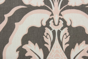  The Robert Allen© Kathryn in Putty fabric is perfect for multipurpose projects. Constructed of a cotton blend, this damask print fabric features a pink, off white, and putty color palette.  It can be used for several different statement projects including window accents (drapery, curtains and swags), toss pillows, headboards, bed skirts, duvet covers, upholstery, and more.