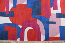 Load image into Gallery viewer, The Robert Allen© Schiele Arch in High Noon is the perfect combination of form and function. This multi-purpose contemporary print is made with a blend of red, blue, dusty rose, violet red and white, delivering a unique aesthetic to your home.  Offering 65,000 double rubs, this fabric offers superior durability.  It can be used for several different statement projects including window accents (drapery, curtains and swags), toss pillows, headboards, bed skirts, duvet covers, upholstery, and more.
